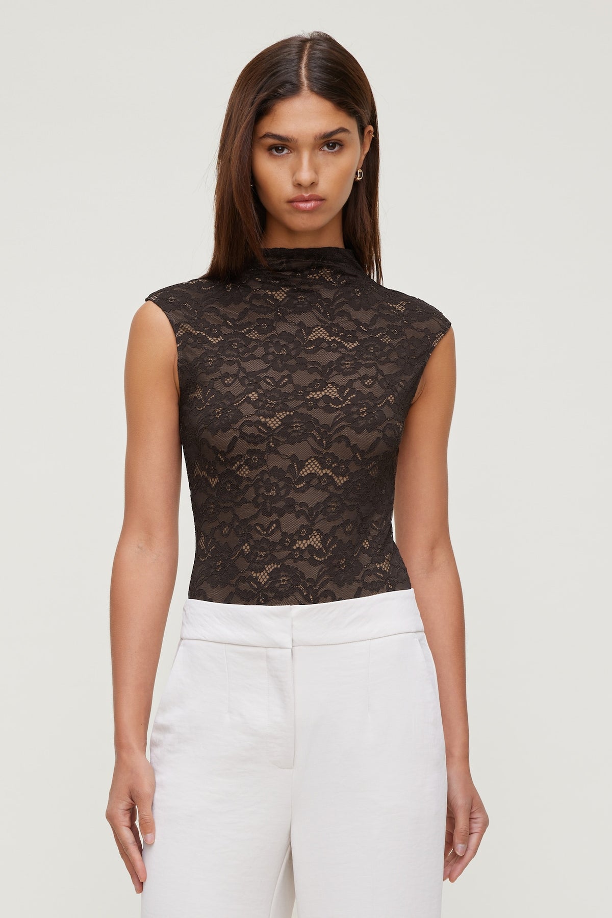 Dynamite Mock Neck Lace Bodysuit Brown