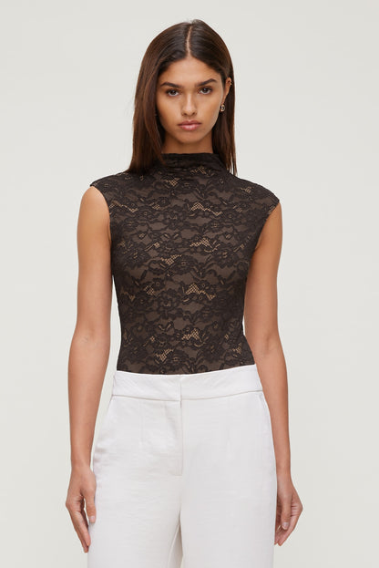 Dynamite Mock Neck Lace Bodysuit Brown