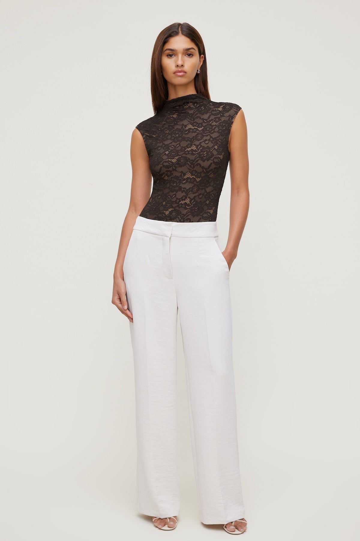 Dynamite Mock Neck Lace Bodysuit Brown