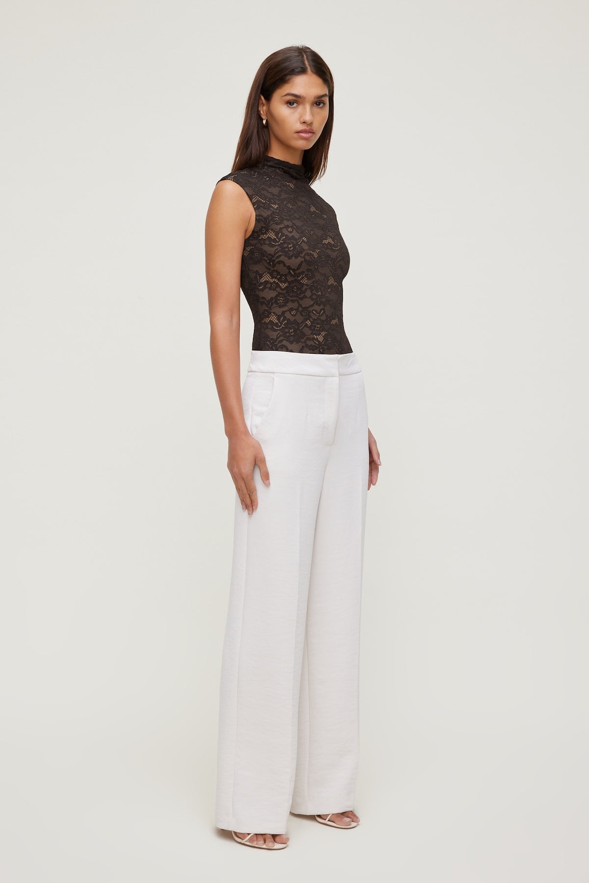 Dynamite Mock Neck Lace Bodysuit Brown