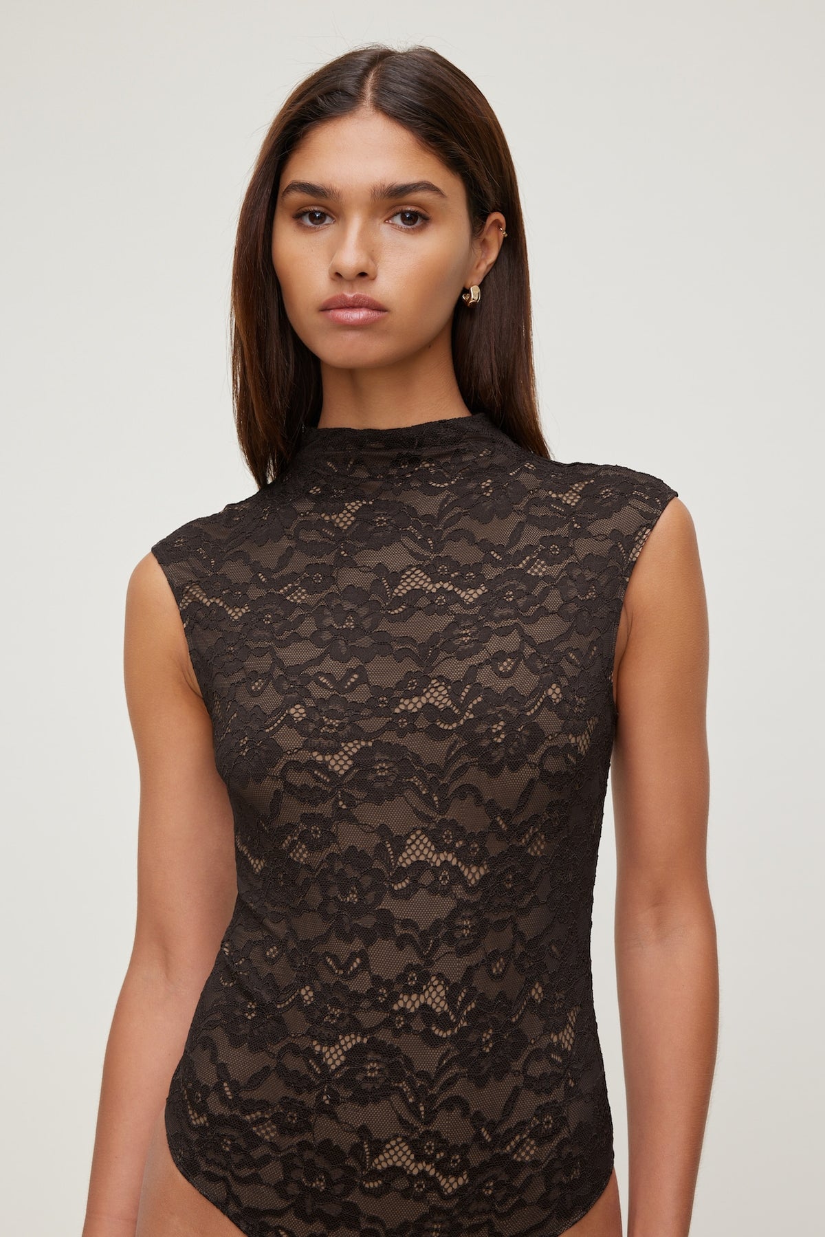 Dynamite Mock Neck Lace Bodysuit Brown