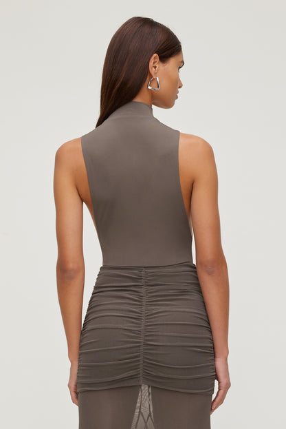 Dynamite Sculpt Mock Neck Sleeveless Bodysuit Brown