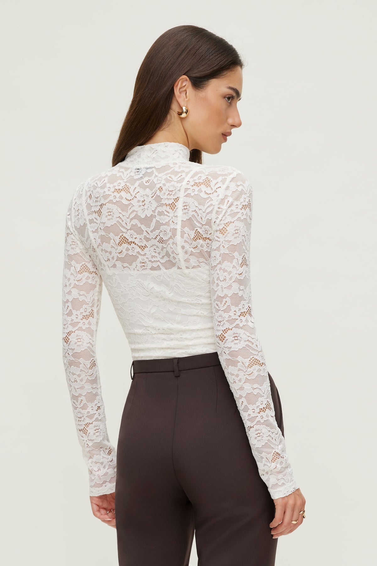 Dynamite Mock Neck Lace Bodysuit Beige