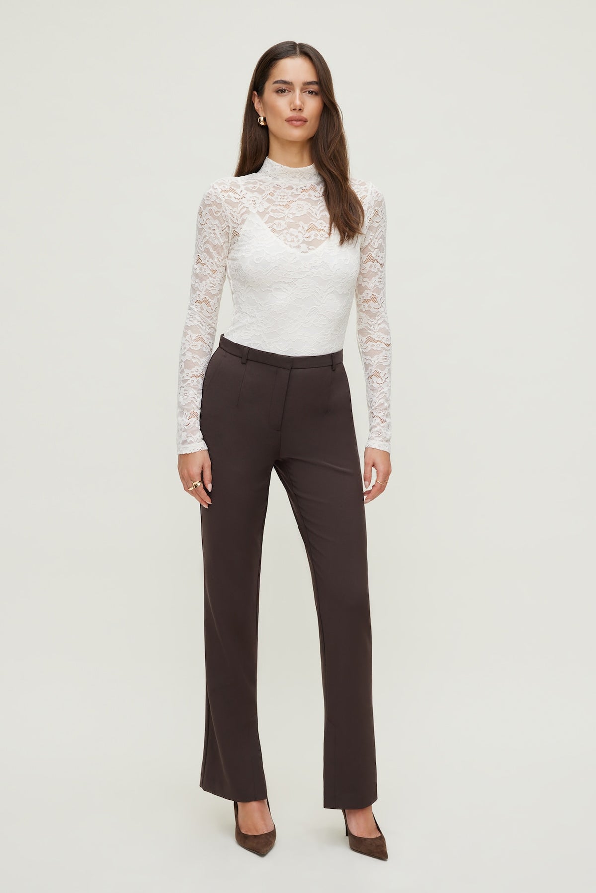 Dynamite Mock Neck Lace Bodysuit Beige