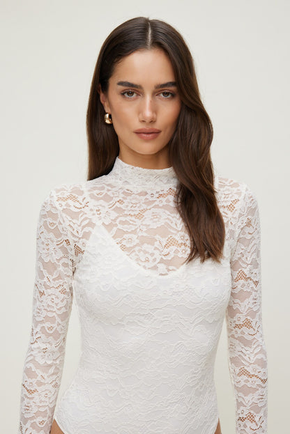 Dynamite Mock Neck Lace Bodysuit Beige