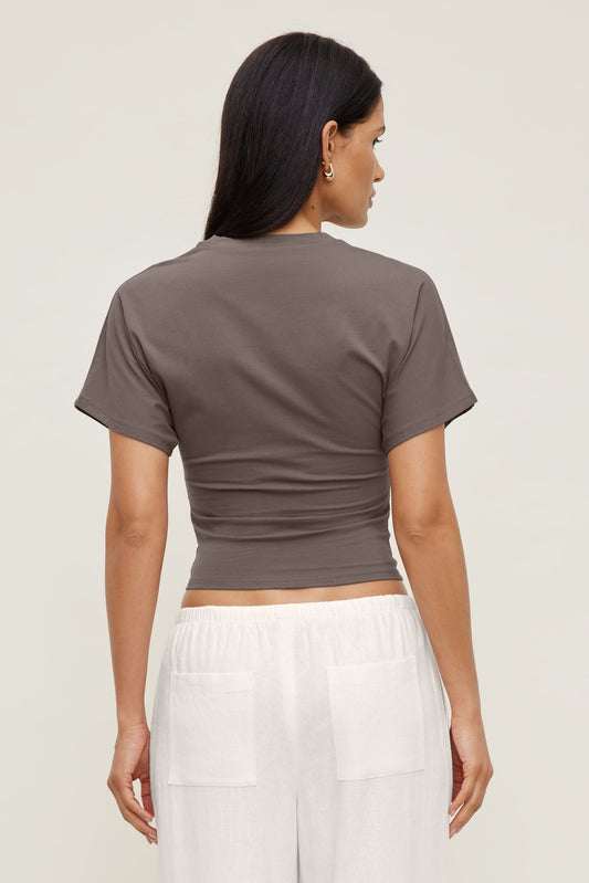 Dynamite Andrea Shirred Jersey T Shirt Brown