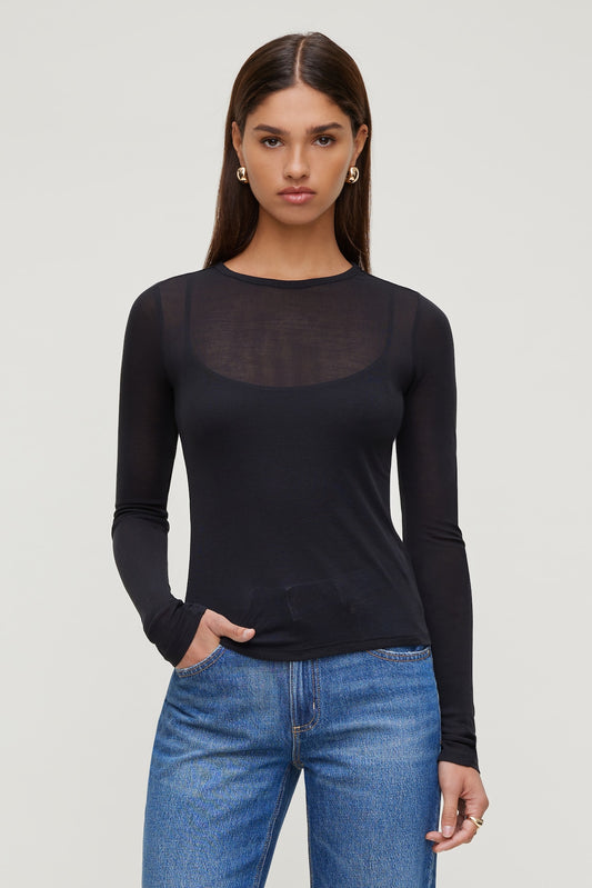 Dynamite Sheer Layered Cami and Long Sleeve T Shirt Black