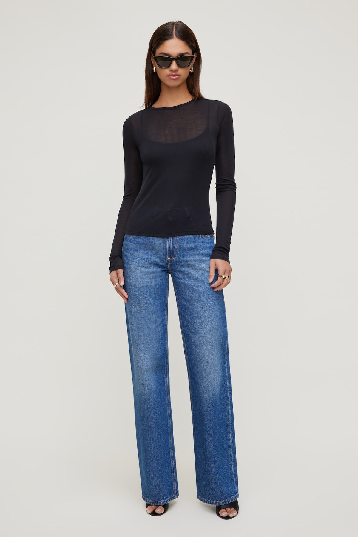 Dynamite Sheer Layered Cami and Long Sleeve T Shirt Black