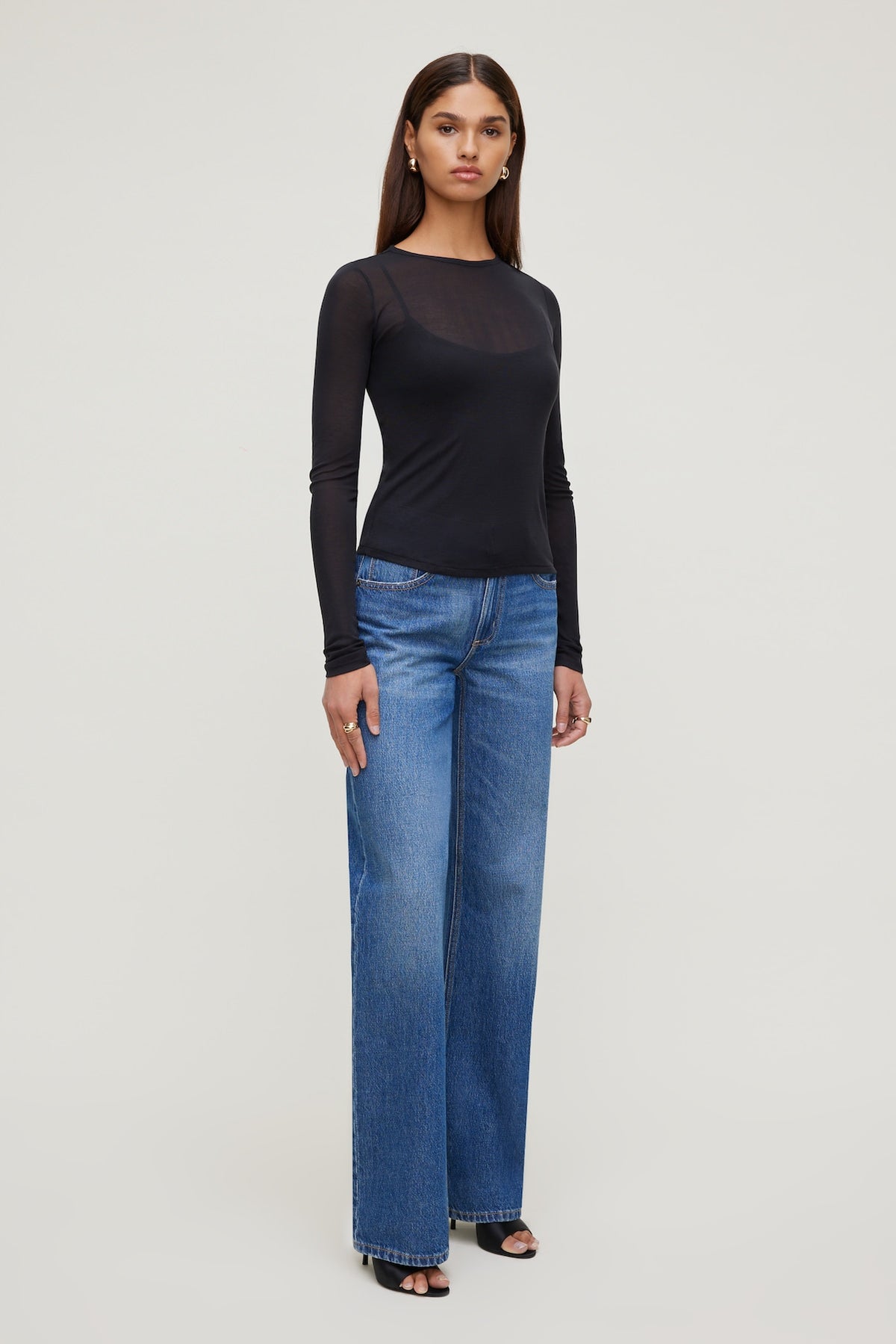 Dynamite Sheer Layered Cami and Long Sleeve T Shirt Black