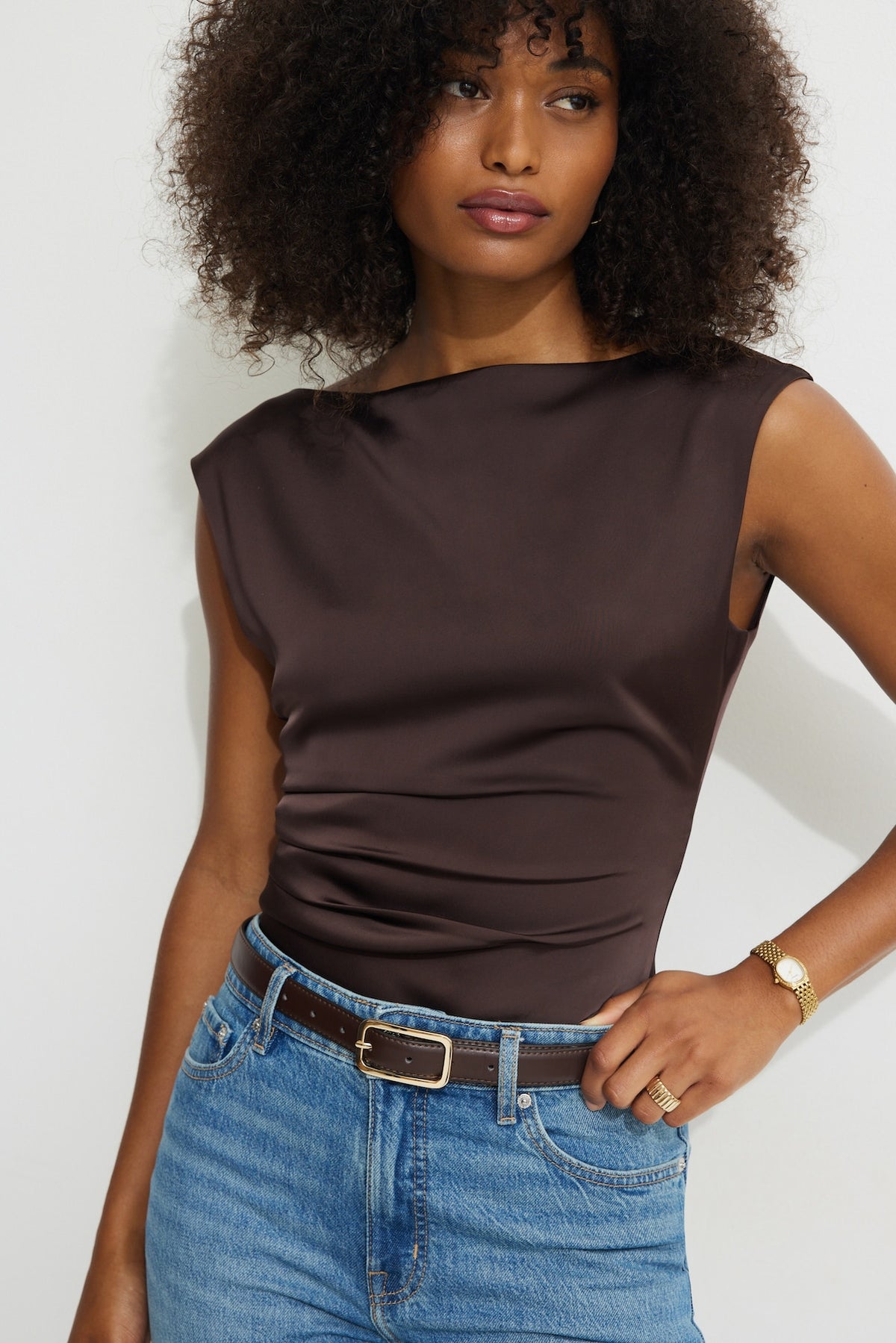 Dynamite Rounded Rectangle Slim Faux Leather Belt Brown