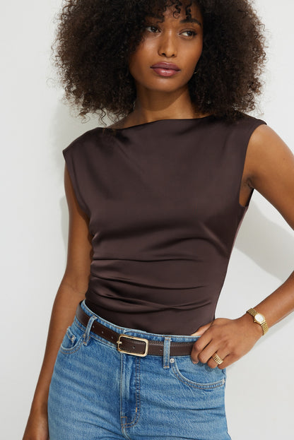 Dynamite Rounded Rectangle Slim Faux Leather Belt Brown