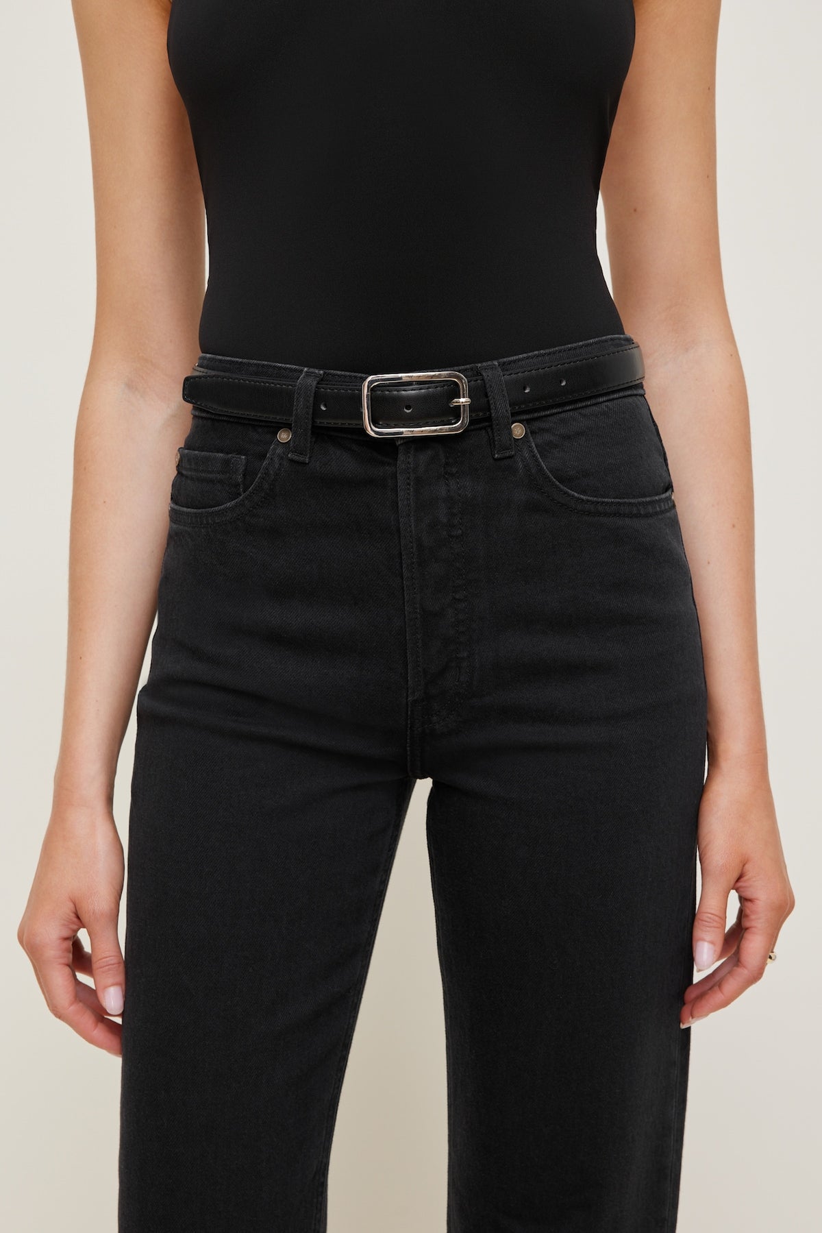 Dynamite Rounded Rectangle Slim Faux Leather Belt Black
