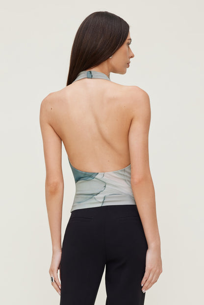 Dynamite Cowl Neck Mesh Halter Top Blue