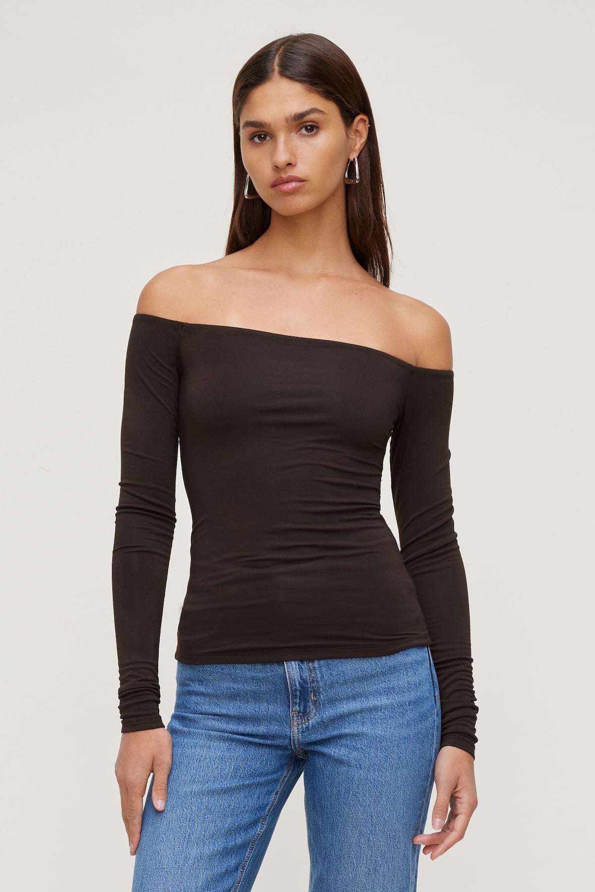 Dynamite Off Shoulder Long Sleeve Top Brown