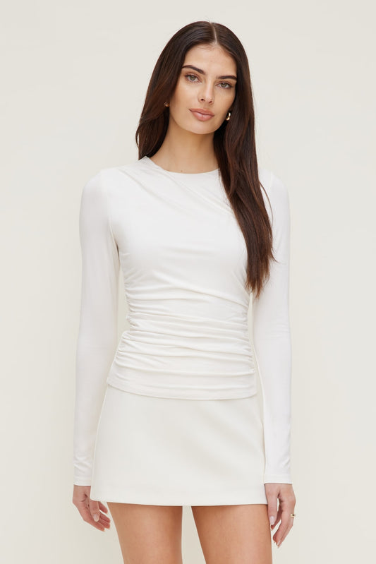 Dynamite Draped Long Sleeve Top Beige
