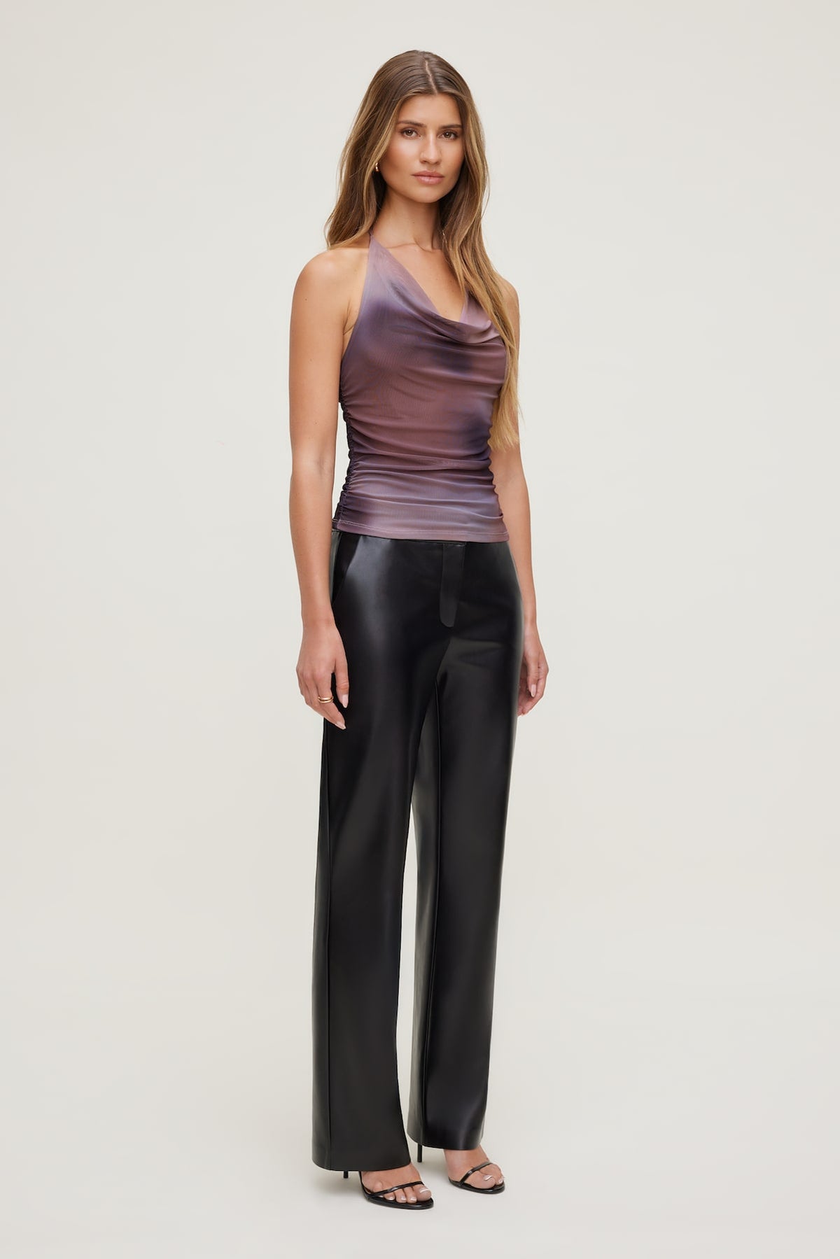 Dynamite Bare Cowl Neck Mesh Printed Top PURPLE