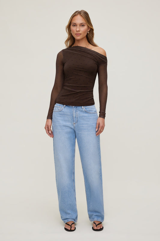 Dynamite Cleo Printed Mesh Long Sleeve Top Brown