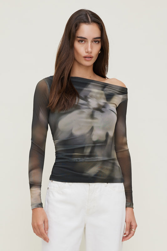 Dynamite Cleo Printed Mesh Long Sleeve Top Brown