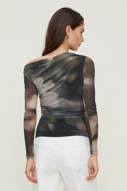 Dynamite Cleo Printed Mesh Long Sleeve Top Brown