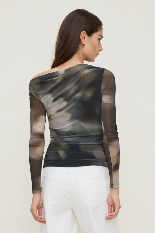 Dynamite Cleo Printed Mesh Long Sleeve Top Brown