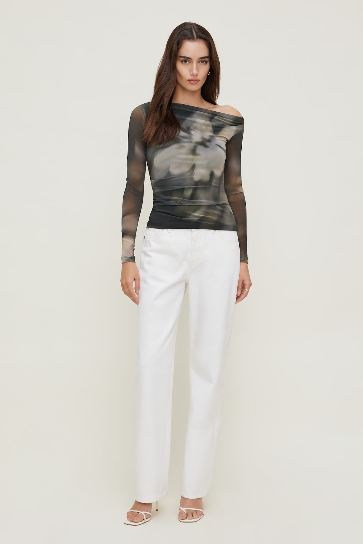 Dynamite Cleo Printed Mesh Long Sleeve Top Brown