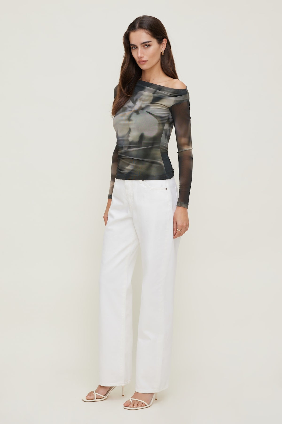 Dynamite Cleo Printed Mesh Long Sleeve Top Brown