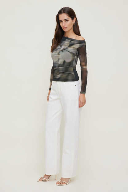 Dynamite Cleo Printed Mesh Long Sleeve Top Brown
