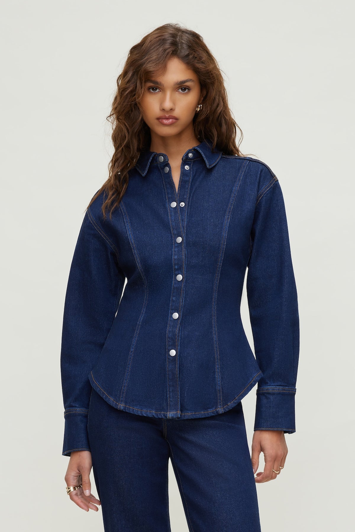 Dynamite Cinched Stretch Denim Shirt Blue