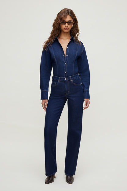Dynamite Cinched Stretch Denim Shirt Blue