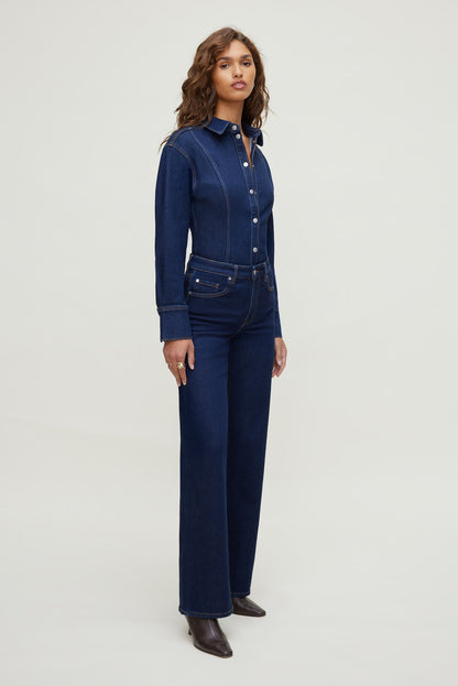 Dynamite Cinched Stretch Denim Shirt Blue