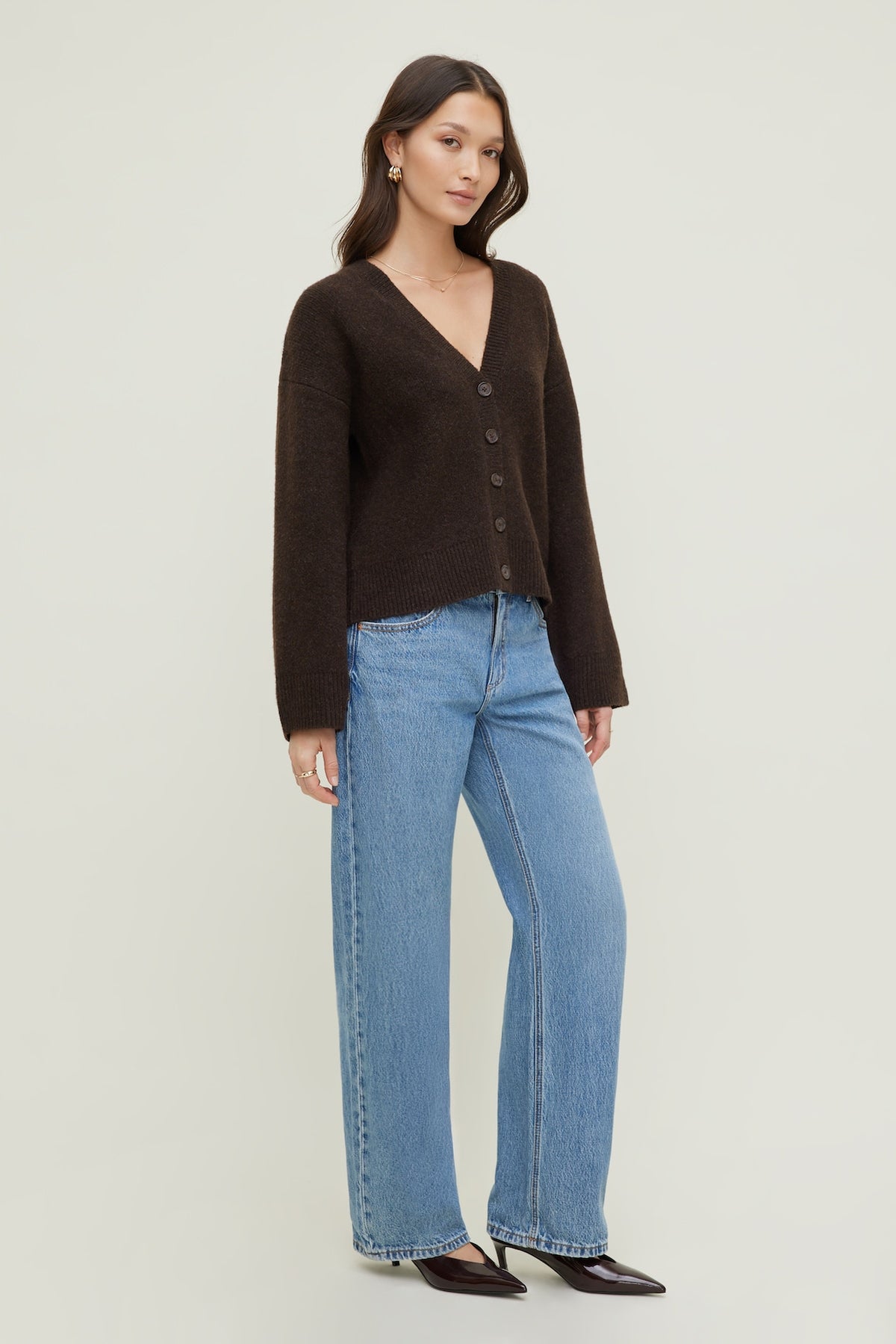 Dynamite Relaxed V Neck Cardigan Brown
