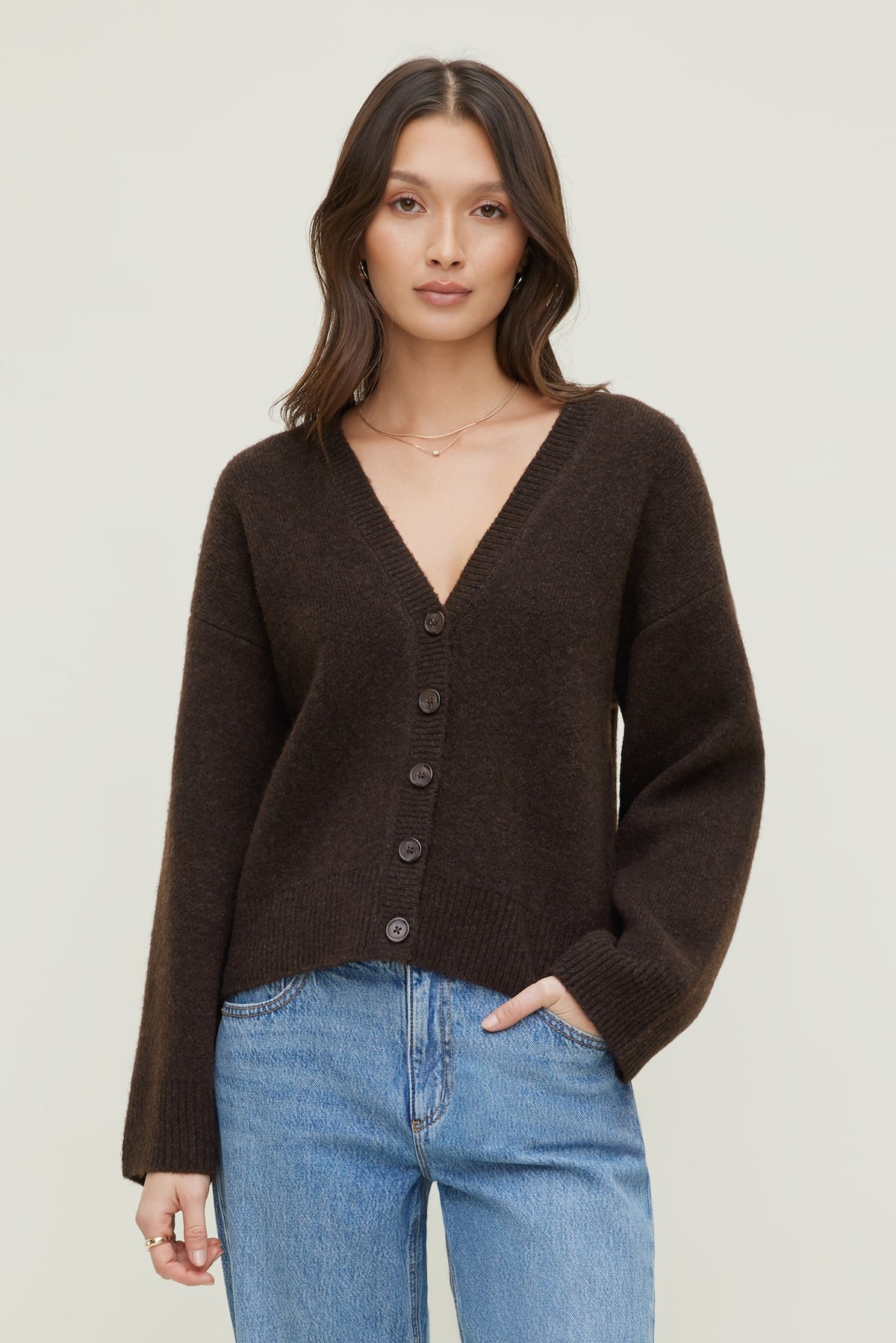 Dynamite Relaxed V Neck Cardigan Brown