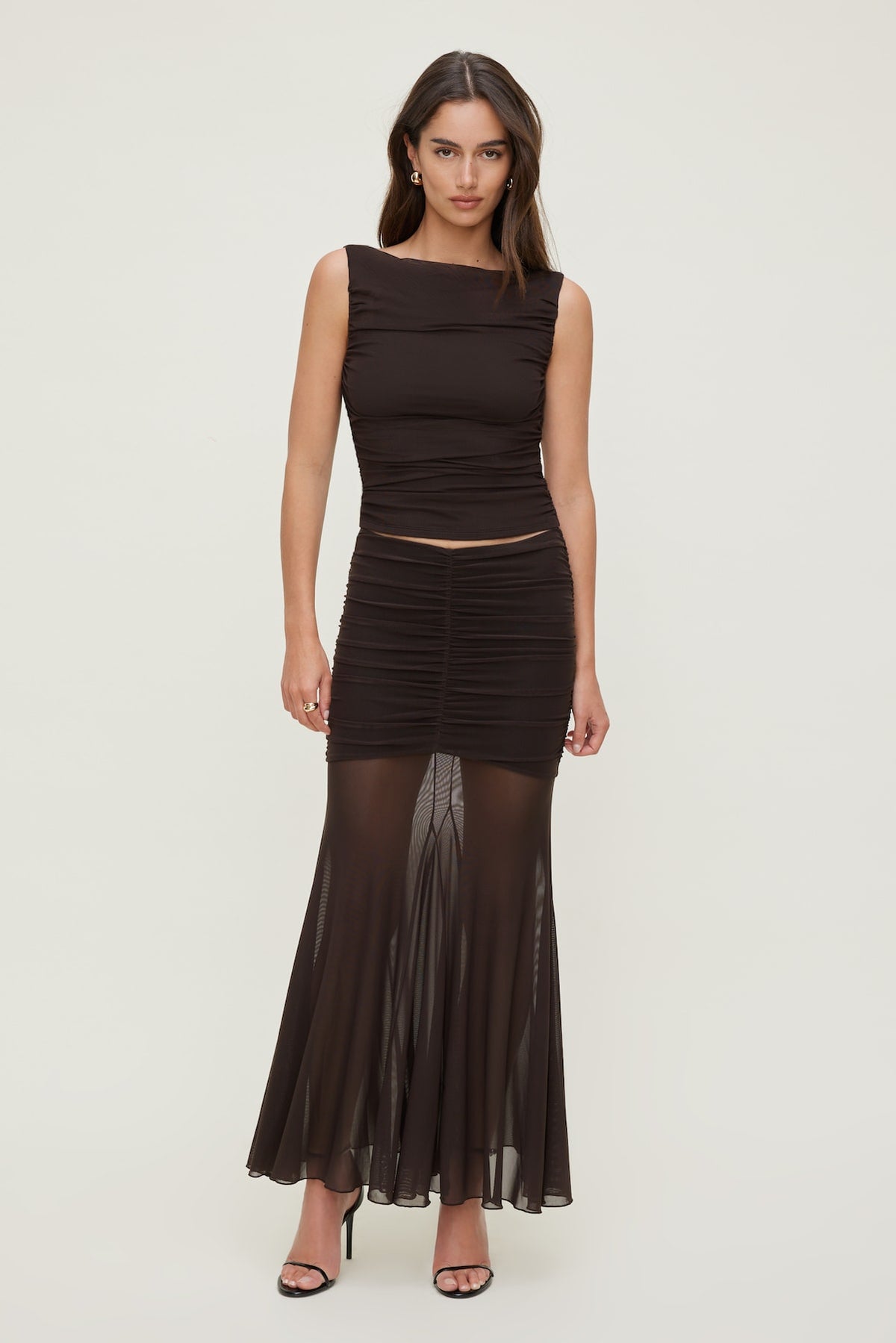 Dynamite Ruched Mesh Maxi Skirt Brown