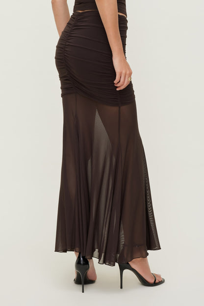 Dynamite Ruched Mesh Maxi Skirt Brown