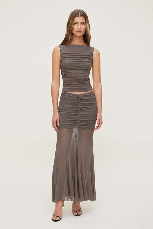 Dynamite Ruched Mesh Maxi Skirt Brown