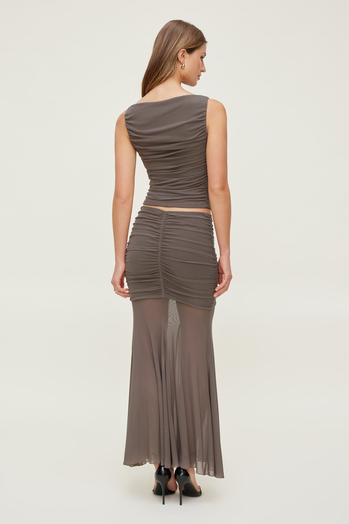 Dynamite Ruched Mesh Maxi Skirt Brown