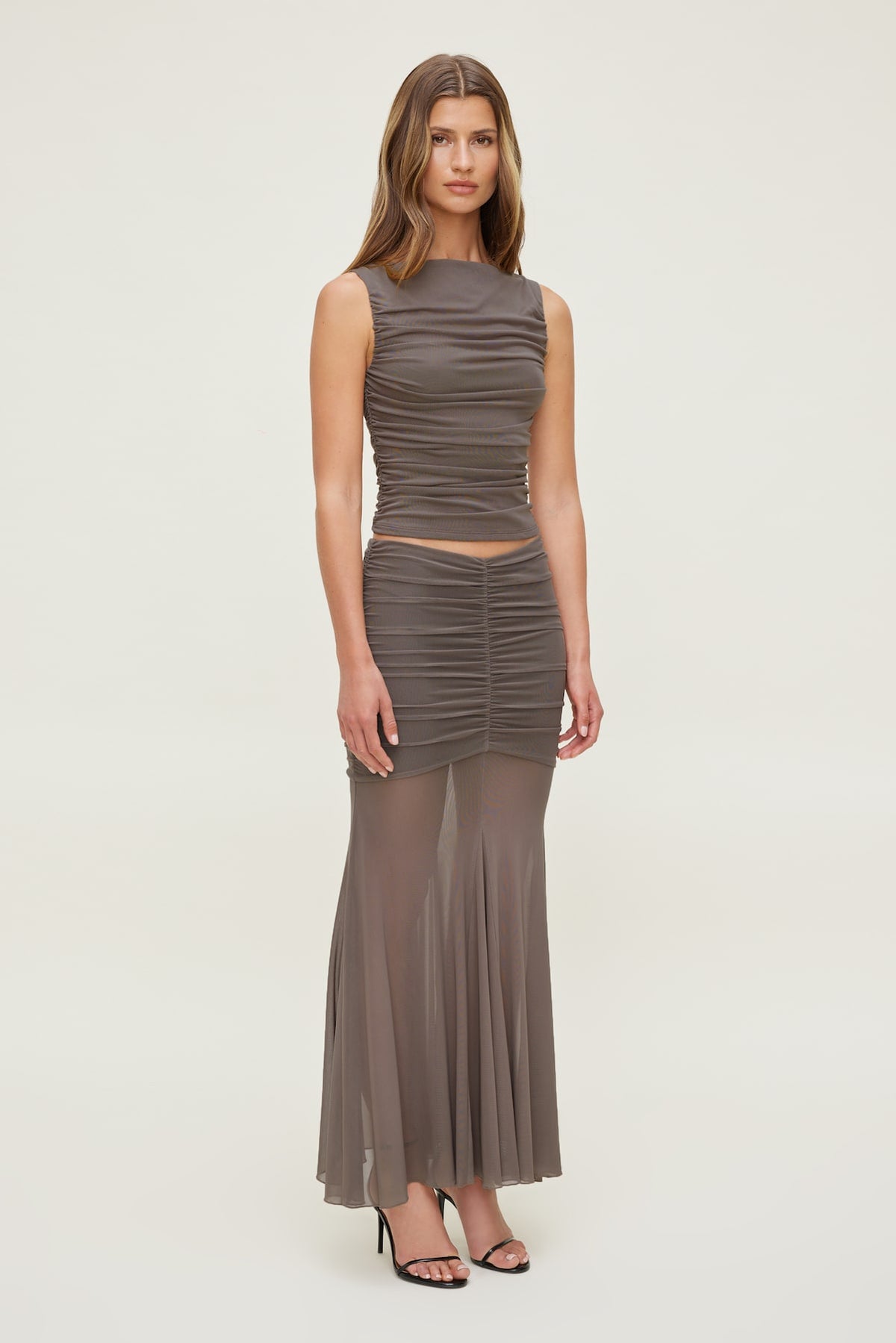 Dynamite Ruched Mesh Maxi Skirt Brown