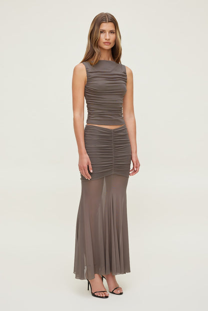 Dynamite Ruched Mesh Maxi Skirt Brown