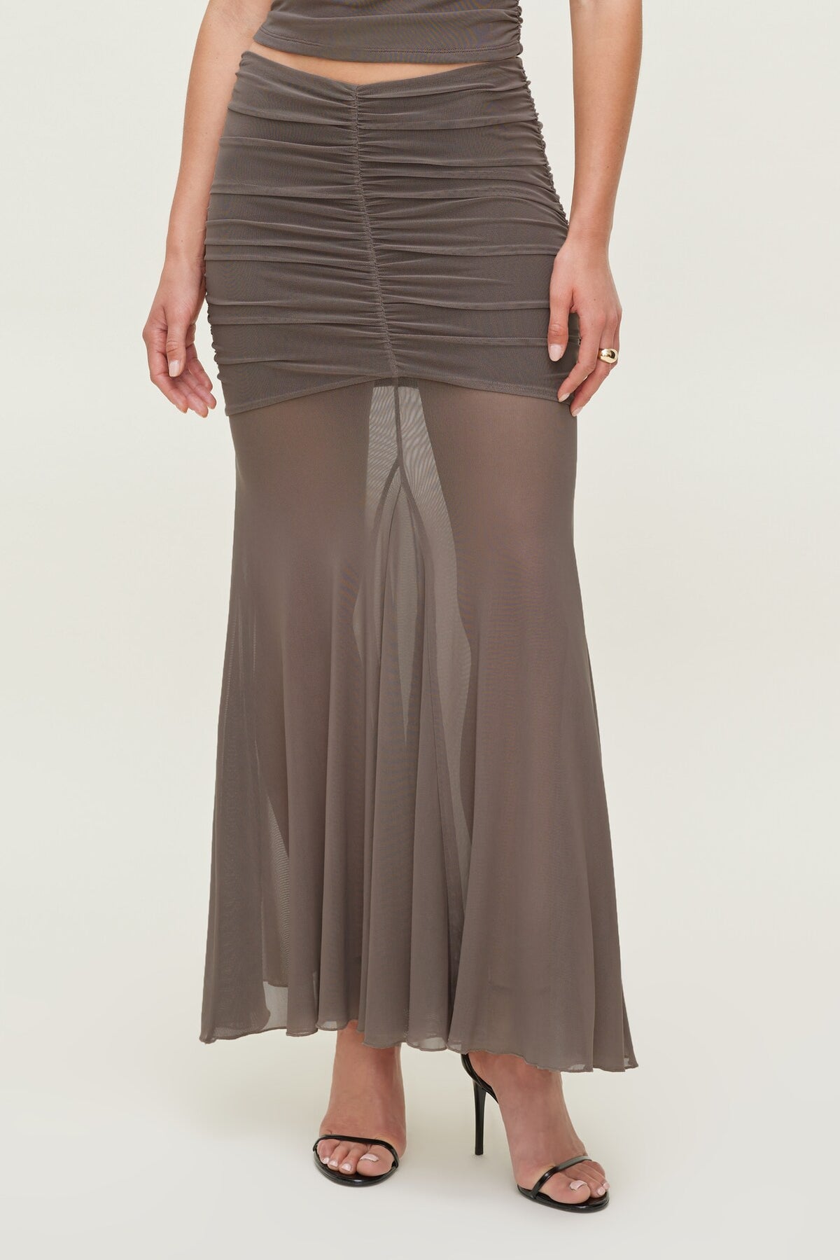 Dynamite Ruched Mesh Maxi Skirt Brown