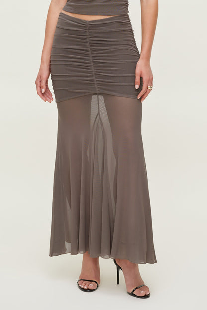Dynamite Ruched Mesh Maxi Skirt Brown