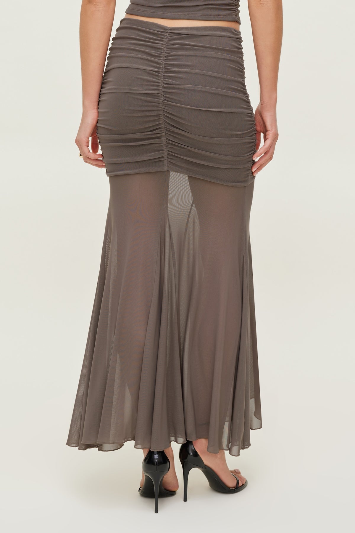 Dynamite Ruched Mesh Maxi Skirt Brown