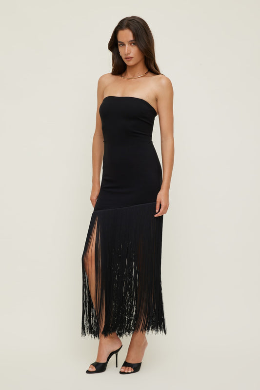 Dynamite Ponte Fringe Maxi Tube Dress Black