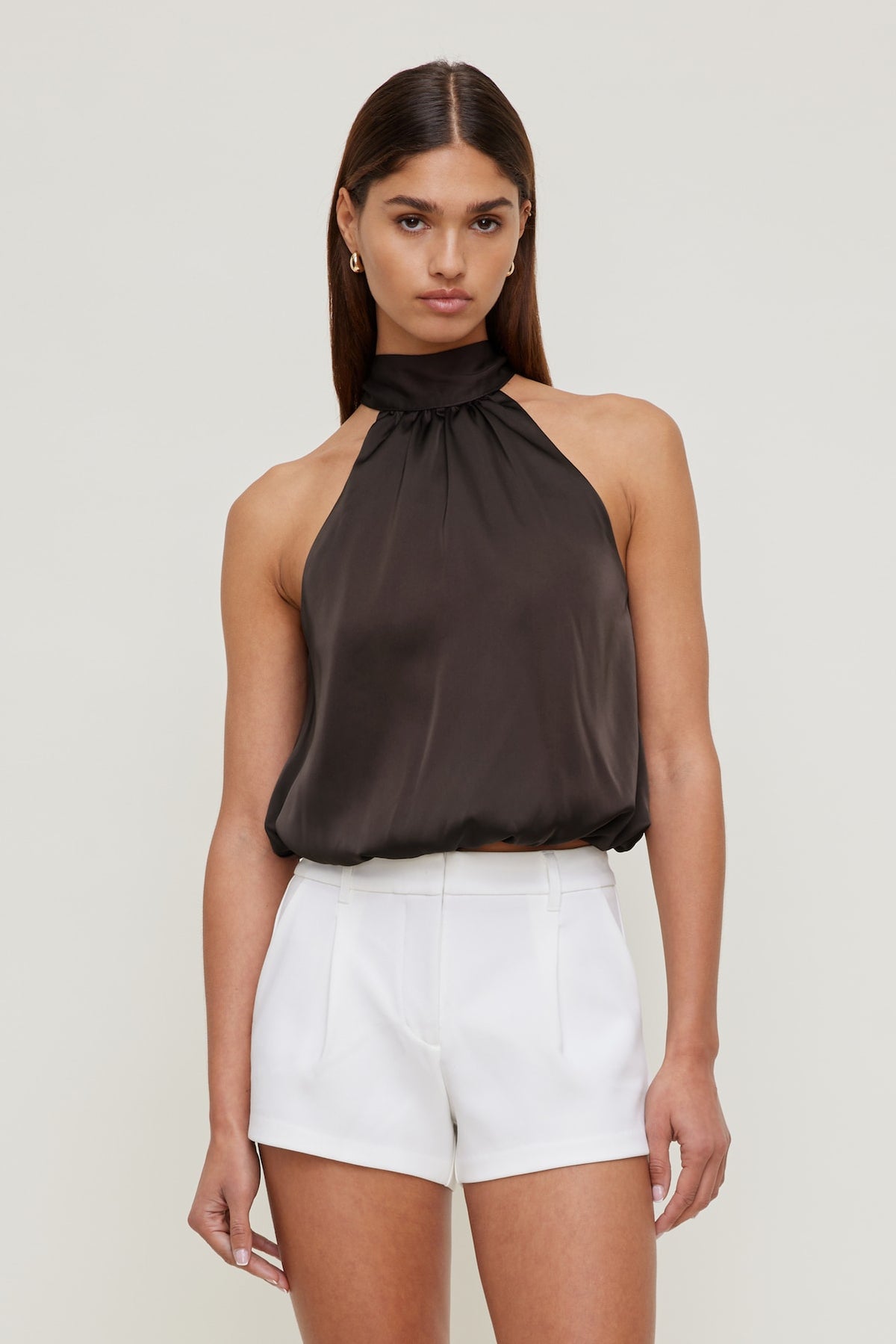 Dynamite Paloma Bubble Satin Halter Blouse Brown