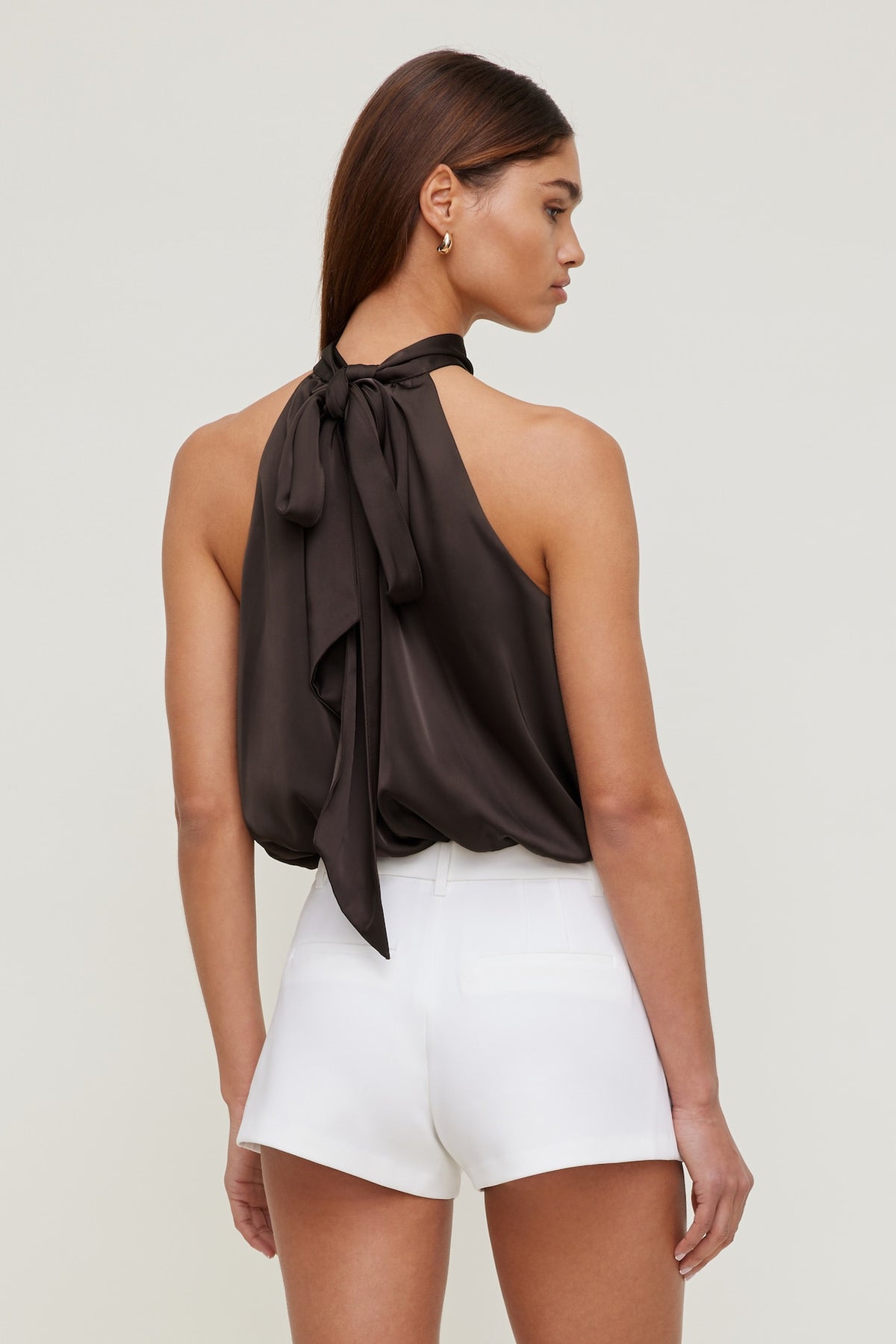 Dynamite Paloma Bubble Satin Halter Blouse Brown