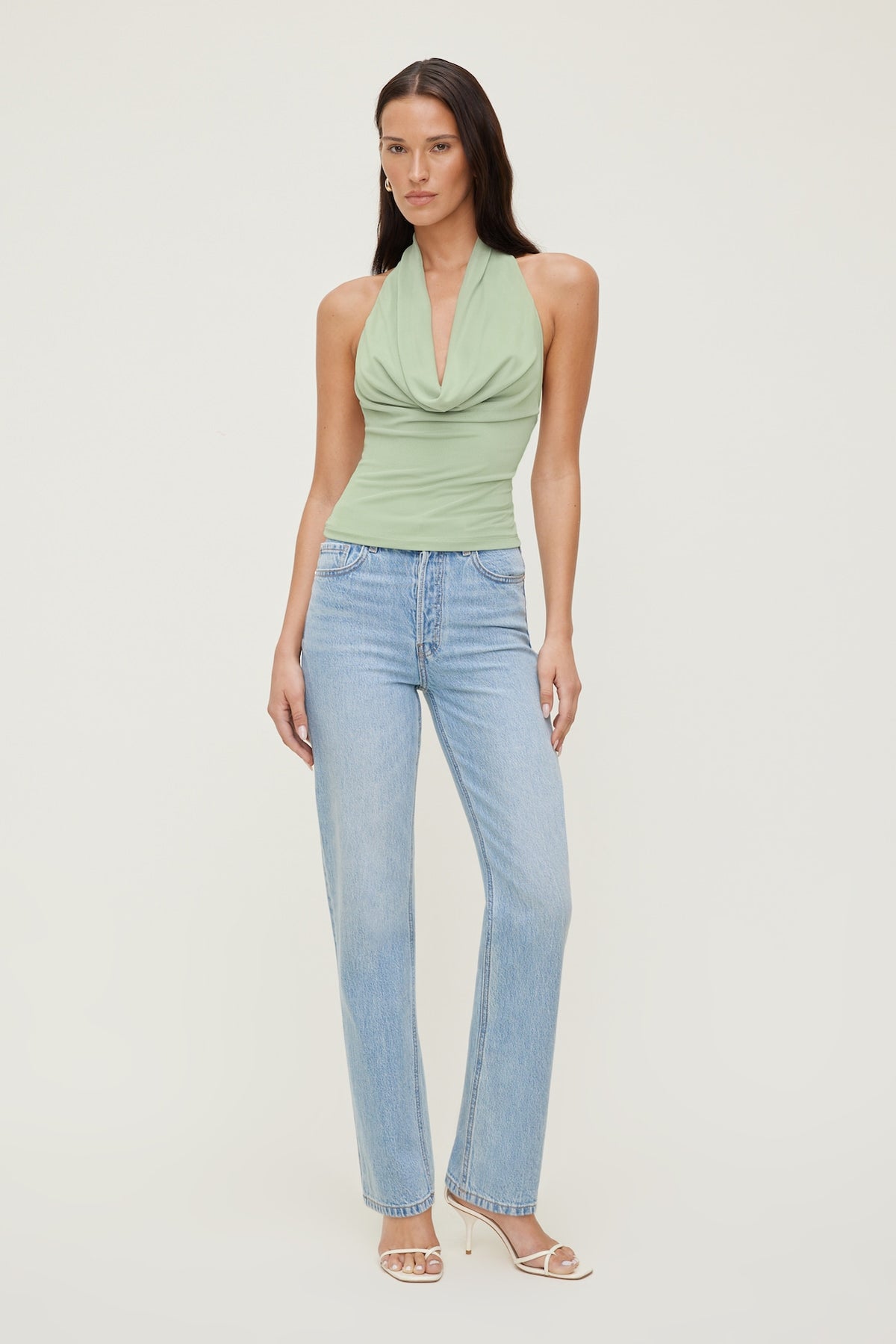 Dynamite Cowl Neck Mesh Halter Top Green