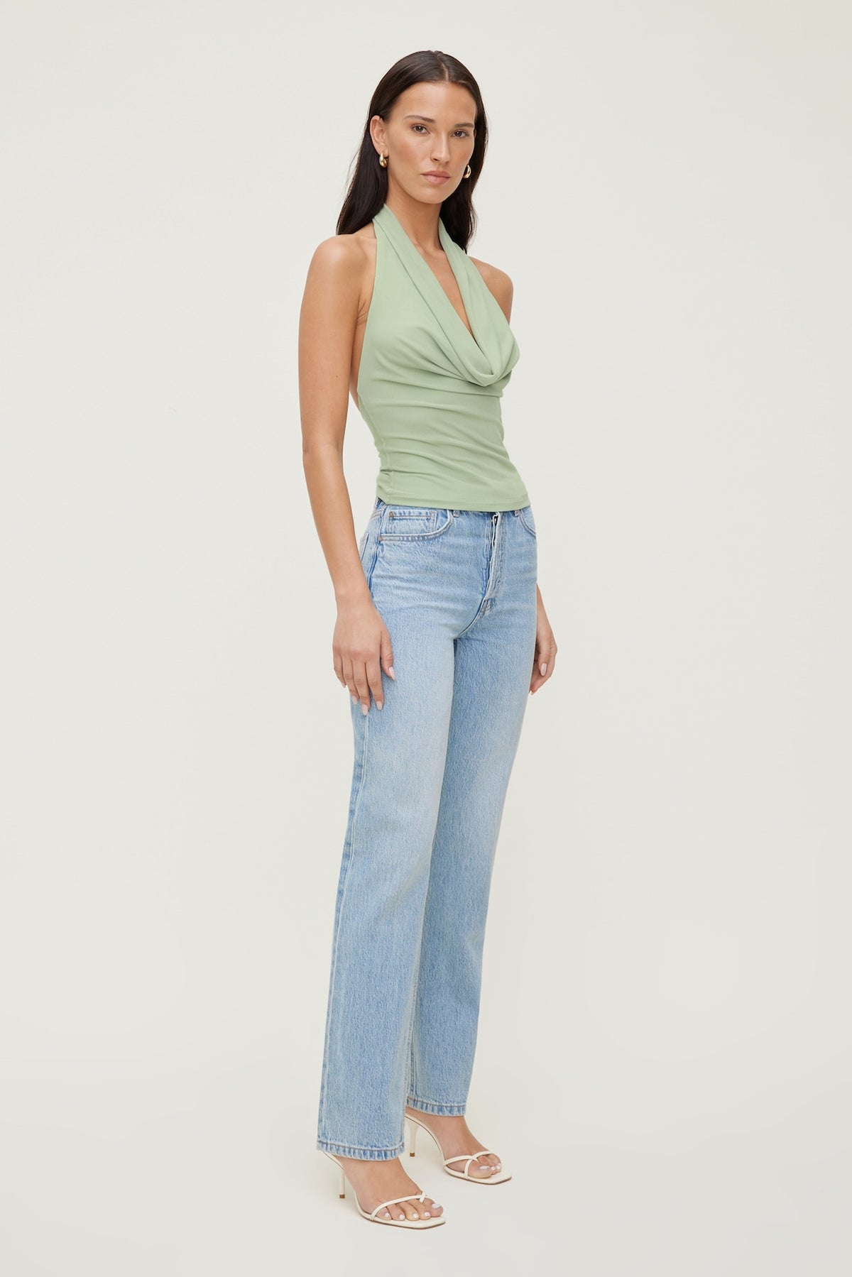 Dynamite Cowl Neck Mesh Halter Top Green