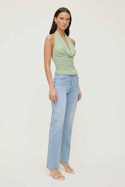 Dynamite Cowl Neck Mesh Halter Top Green