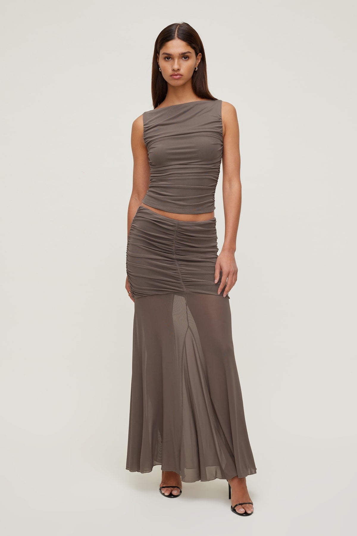 Dynamite Ruched Mesh Tank Top Brown