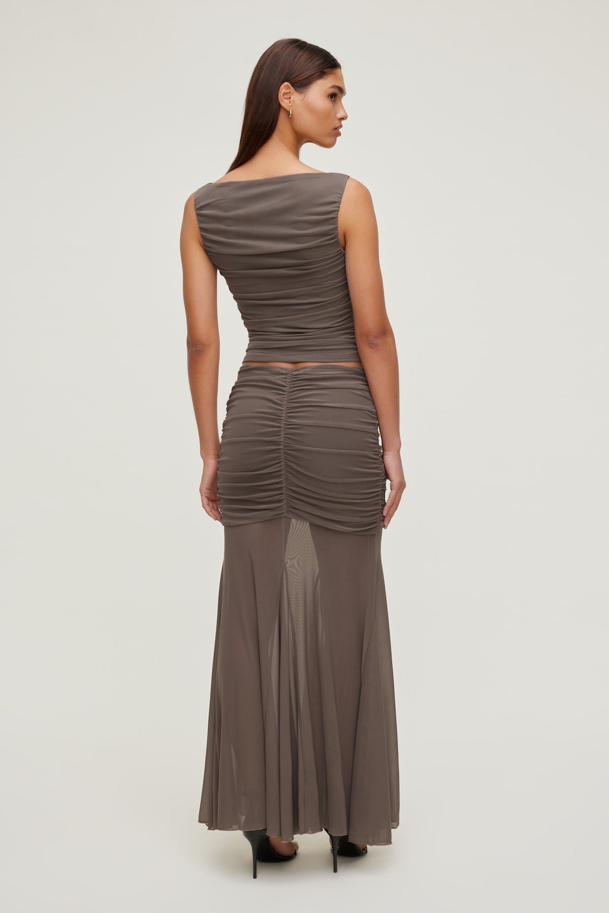 Dynamite Ruched Mesh Tank Top Brown