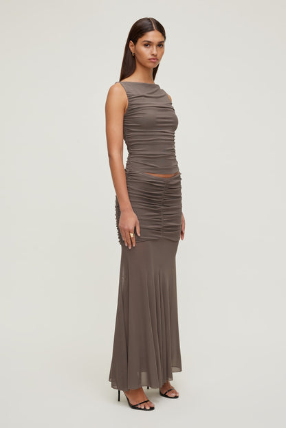 Dynamite Ruched Mesh Tank Top Brown